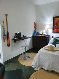 Schlafzimmer mit einem Bett, einem Tisch und einem Schreibtisch in der Unterkunft Andorinhas "Mini casa de hóspede" in Niterói
