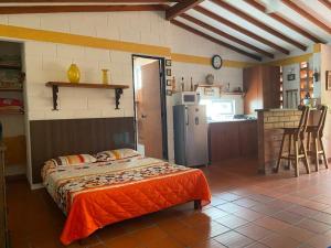 een slaapkamer met een bed en een keuken met een koelkast bij Apartasol En San Jeronimo in San Jerónimo