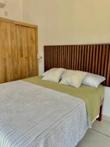 - une chambre avec 2 lits et une tête de lit en bois dans l'établissement Residencia en el centro de Puerto Escondido, à Puerto Escondido