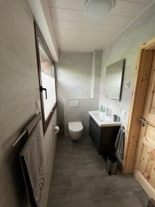 uma casa de banho com um WC e um lavatório em Ferienwohnung Reifferscheid em Hellenthal