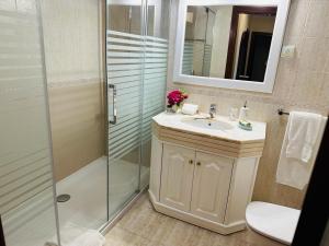 uma casa de banho com um chuveiro, um lavatório e um WC. em Smarts Apartment da Ajuda no Funchal