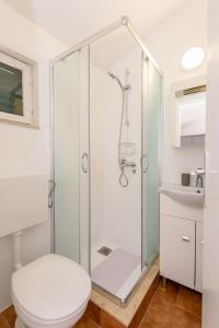 a bathroom with a shower with a toilet and a sink at Holiday Home Laumar in Klek