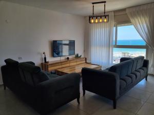 sala de estar con 2 sofás y TV de pantalla plana en Ducks on the beach, en Acre