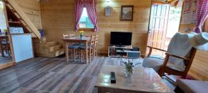a living room of a log cabin with a television at Brvnara Beli Kamen 2 in Sremska Mitrovica +23 photos