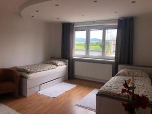 1 Schlafzimmer mit 2 Betten und einem Fenster in der Unterkunft Rodinný apartmán Villa Familia in Bojnice