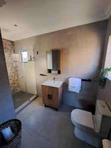 a bathroom with a shower and a sink and a toilet at Greenhouse in Boksburg