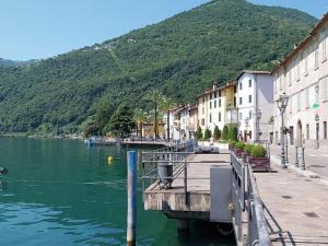 a view of a river with buildings and a mountain at Casa Elly in Riva di Solto