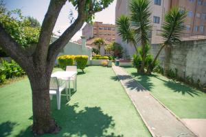 a grass yard with a table and a tree at Hostel das Flores in Senhora da Hora