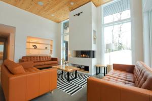 a living room with two couches and a fireplace at Le Vaillant du Massif in Petite-Rivière-Saint-François