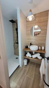 a bathroom with a white sink and a shower at Appartement Privatif confort LA PHINE DETENTE in La Bassée