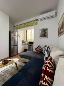 ein Wohnzimmer mit einem Sofa und einem Kühlschrank in der Unterkunft Cozy Nest Ledi in Tirana