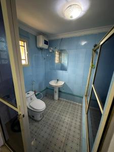 bagno blu con servizi igienici e lavandino di 3 Bedrooms Duplex a Ibadan