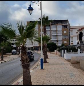 una calle con palmeras y un semáforo en una acera en برج مكاد, en Oued Laou