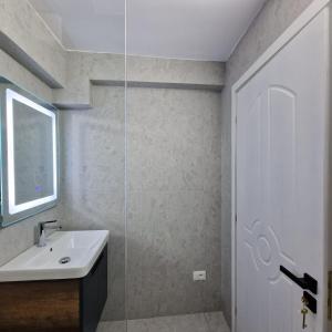 un bagno con lavandino e porta doccia in vetro di Apartaments Vila Mimani 2 a Berat