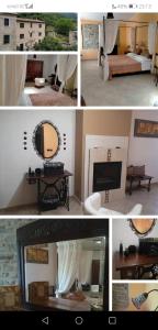 a collage of four pictures of a bedroom and a living room at B&B Monte Acuto in Cantiano