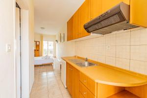 a kitchen with wooden cabinets and a sink at Thalassa Apartments in Kallithea Halkidikis +28 photos