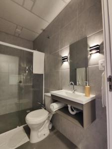 uma casa de banho com um WC, um lavatório e um chuveiro em VILLA BILAC 08 - Aconchegante Studio próximo à Vila Germânica em Blumenau