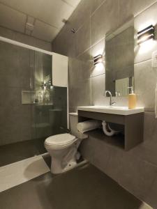 uma casa de banho com um WC, um lavatório e um chuveiro em VILLA BILAC 08 - Aconchegante Studio próximo à Vila Germânica em Blumenau