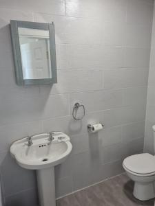 a bathroom with a sink and a toilet and a mirror at sea view apartment in Letterkenny
