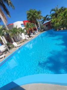 a large swimming pool with blue water and palm trees at Agua Del Caribe in Sosúa