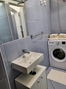 uma casa de banho com um lavatório e uma máquina de lavar roupa em studio Square Funtana em Funtana