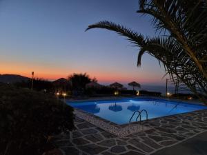 einen Pool mit Palmen und Sonnenuntergang in der Unterkunft Bellevue Village ''Αdults Only'' in Agia Pelagia