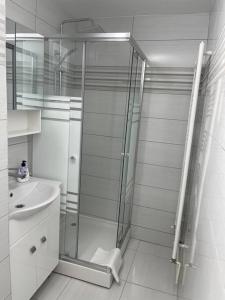 y baño con ducha y lavamanos. en Apartament regim hotelier, en Caransebeş