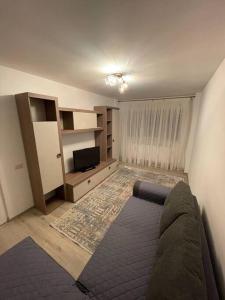 sala de estar con sofá y TV en Apartament regim hotelier, en Caransebeş