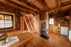 uma sala de estar com um fogão a lenha num chalé de madeira em Bieszczadzka Bania em Lesko