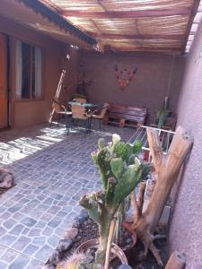 a patio with a table and chairs and a cactus at Casa Sutar Los Pimientos in San Pedro de Atacama