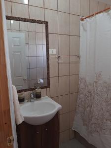 a bathroom with a sink and a shower curtain at Casa Sutar Los Pimientos in San Pedro de Atacama