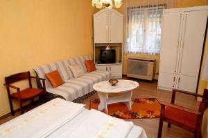 a living room with a couch and a table at Hanna apartman in Gyula