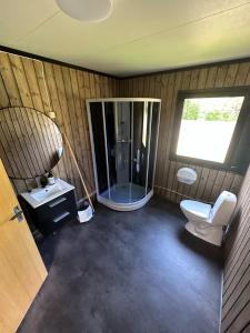 a bathroom with a shower and a toilet and a sink at Tommerneset Camping in Innhavet +37 photos
