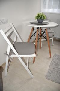 a white table with a chair and a table with a plant at Apartman DJURDJEVAK in Vršac