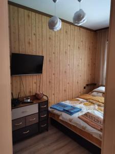 een slaapkamer met een bed en een flatscreen-tv bij Rozina Apartman in Mosonmagyaróvár