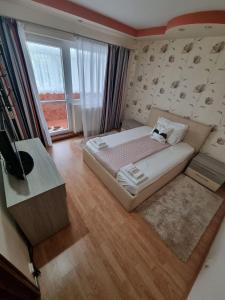 1 dormitorio con cama y ventana grande en Emily Residence en Curtea de Argeş