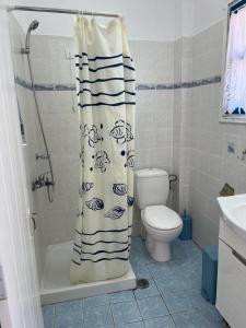 a bathroom with a shower curtain and a toilet at ΞΕΝΟΔΟΧΕΙΟ ΑΚΡΩΤΗΡΙ in Platia Ammos