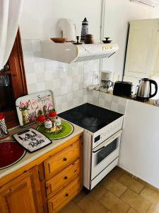 una cucina con piano cottura bianco forno superiore accanto a un bancone di Skiathos Country Studios,Travel10gr a Città di Skiathos