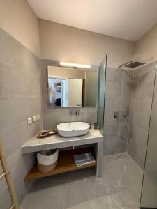 uma casa de banho com um lavatório e um chuveiro em Lemonia Rooms em Platis Yialos Sifnos