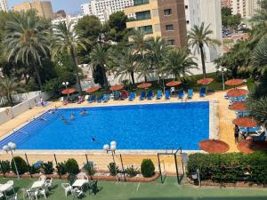 une vue aérienne d'une piscine avec des parasols dans l'établissement BERMUDAS-TURIS Apartamentos, à Benidorm