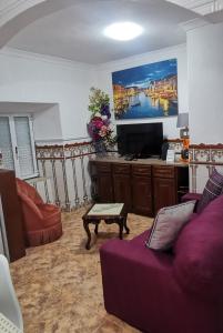 ein Wohnzimmer mit einem lila Sofa und einem Flachbild-TV in der Unterkunft Ricky House Big Waves in Nazaré