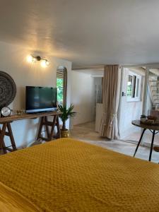 a bedroom with a yellow bed and a tv at B&B Cozy Emotions in La Baume-dʼHostun