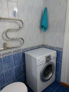 ein Badezimmer mit einer Waschmaschine und einem WC in der Unterkunft Уютная квартира с удобным расположением in Līsakovsk