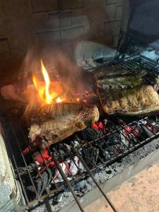 two racks of meat on a grill with flames at Villa Parisi in Fano