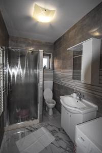 a bathroom with a shower and a toilet and a sink at Apartman AnTe in Korčula