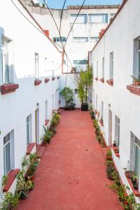 alejka pomiędzy dwoma budynkami z roślinami doniczkowymi w obiekcie Casa Lumo in Roma Norte by Tasman w mieście Meksyk