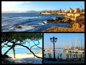un collage di tre foto di una spiaggia con barche di Dream Home Alghero ad Alghero