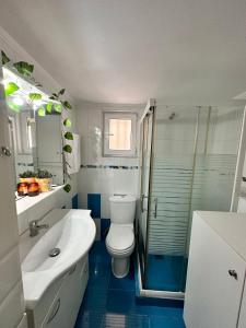 a bathroom with a toilet and a sink and a shower at Countryside Apartment Kane in Rodhodháfni