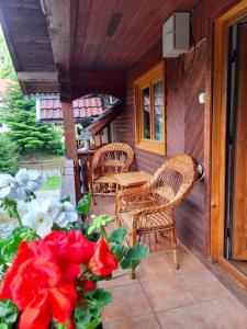 un porche con sillas de mimbre, mesa y flores en Casa Ursu en Cîrţişoara