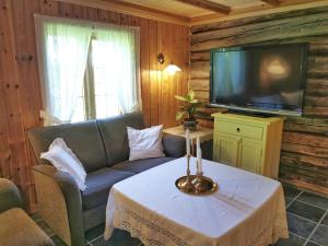 un soggiorno con divano e TV di Unique farm stay in the steep mountains of Rjukan 